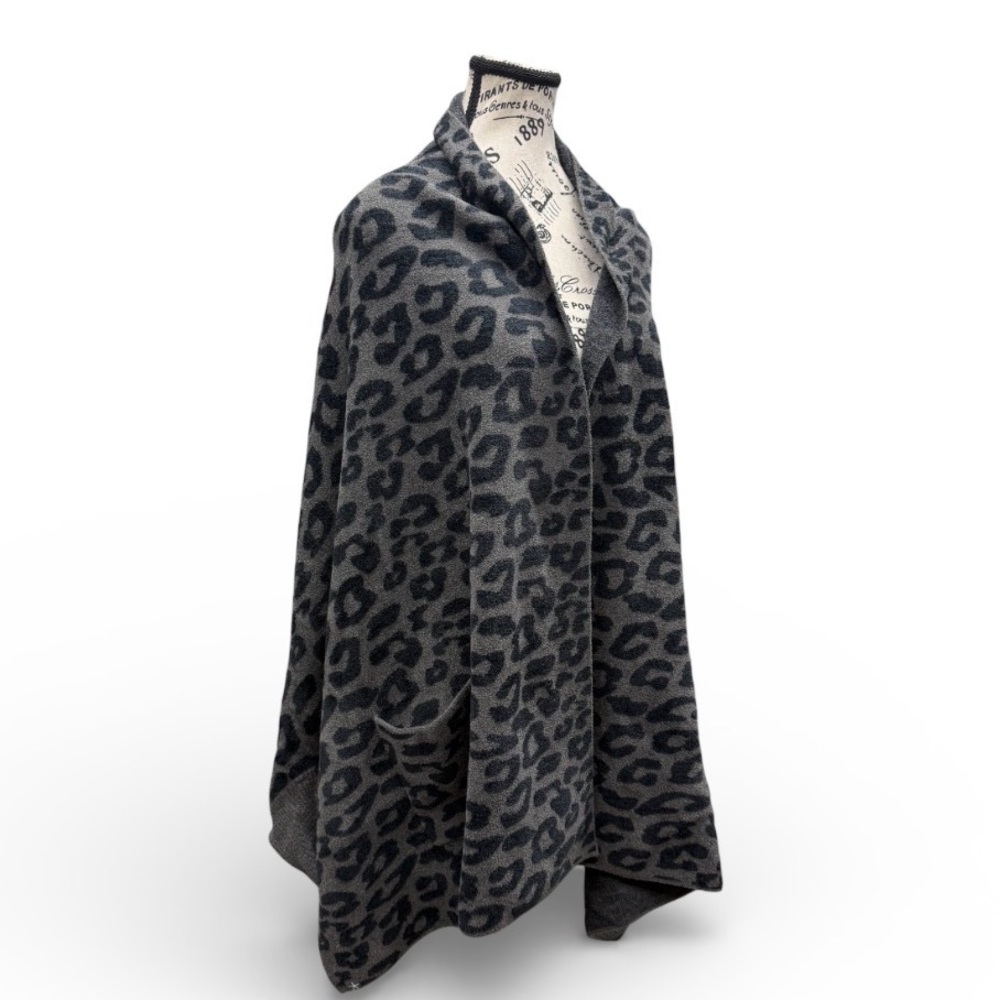 Barefoot Dreams Cozy Chic Gray Leopard Print Shawl Cardigan with Pockets